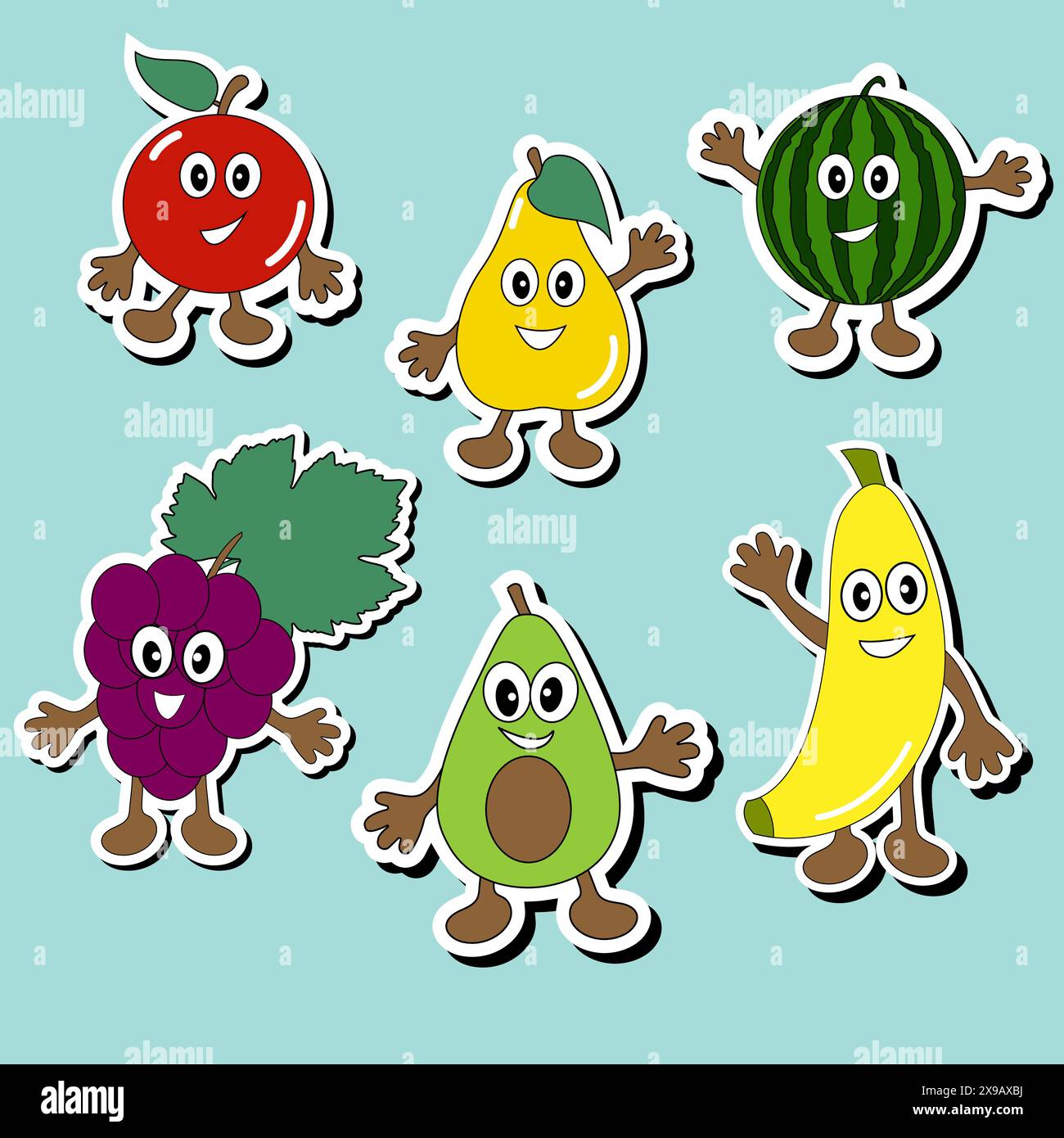 Satz Aufkleber. Zeichentrickobst. Vektorabbildung. Isolierte Objekte. Stock Vektor