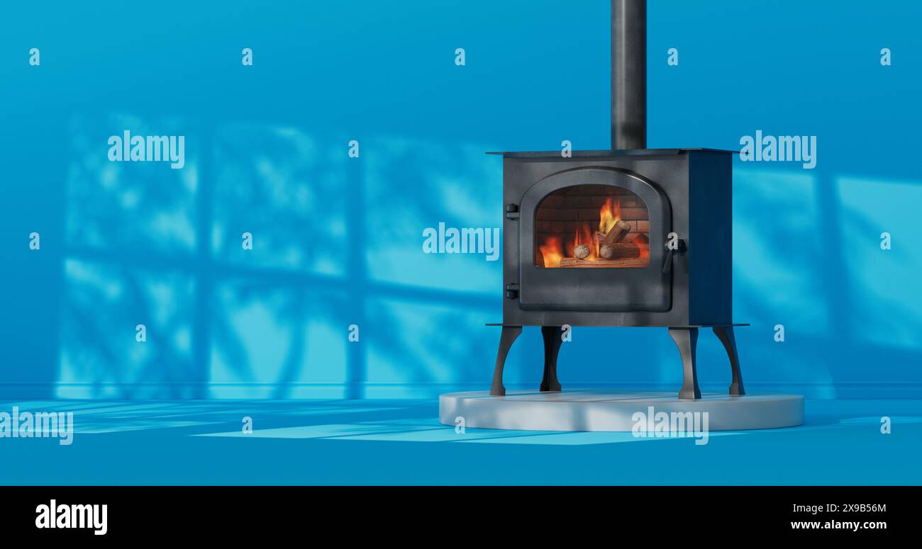 Classic Оpen Home Kaminofen mit Kaminrohr und Brennholz brennen in roter heißer Flamme im blauen Zimmer With Sun Shadows extreme Nahaufnahme. 3D-Rendering Stockfoto