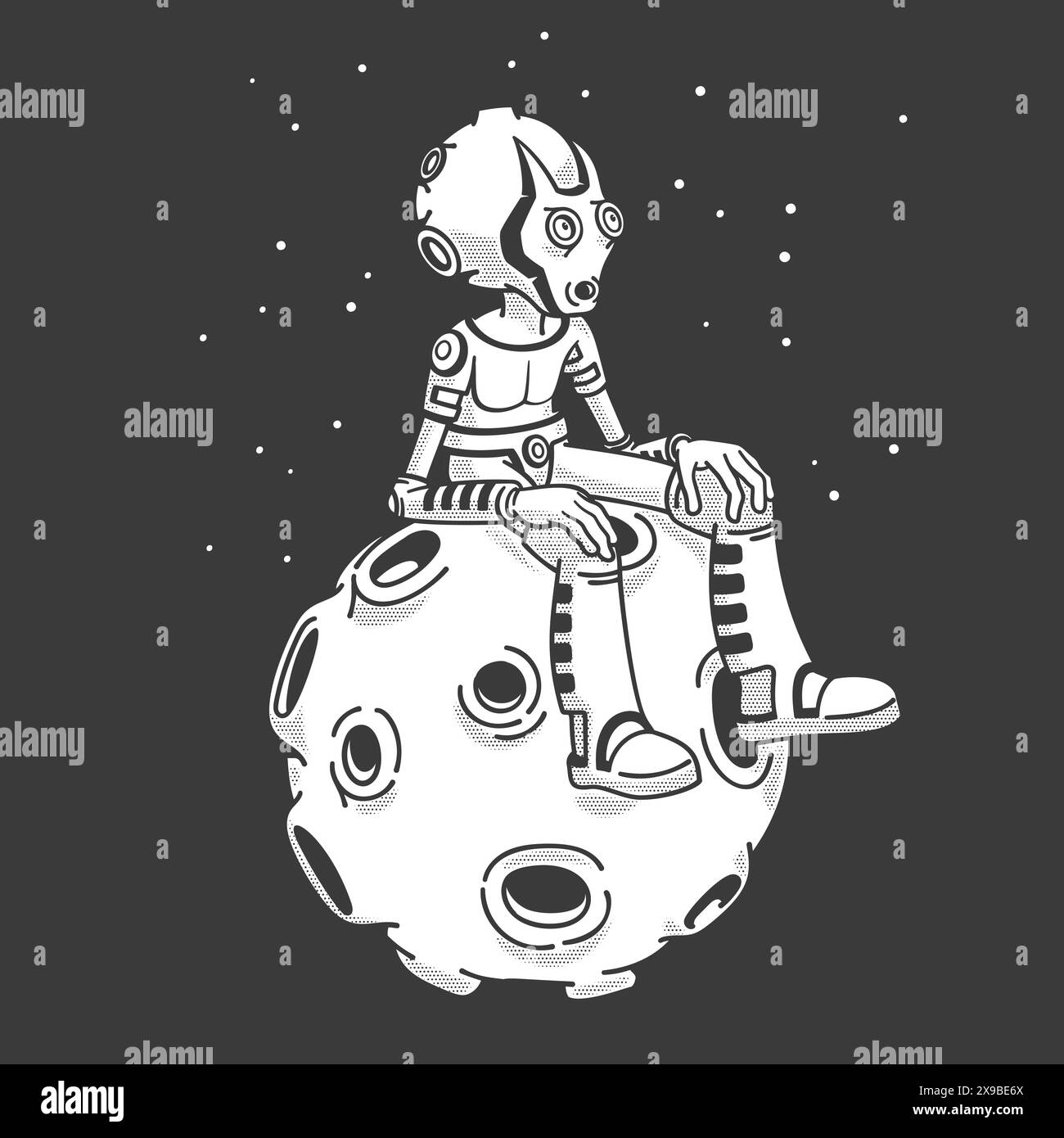 Alien sitzen auf einem Mond im All Stock Vektor