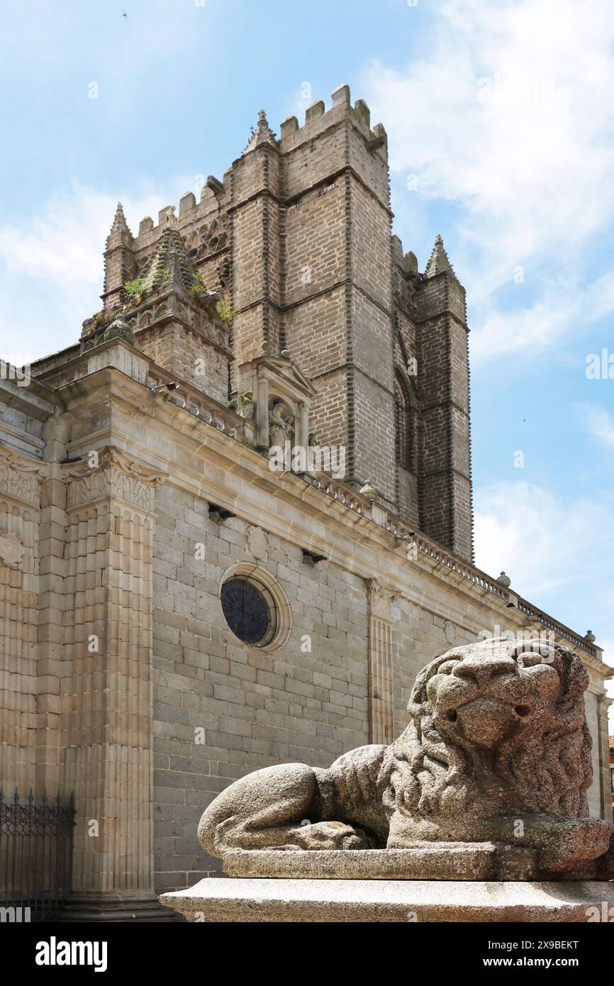 Löwenskulptur vor der Kathedrale von Avila aus nächster Nähe Stockfoto