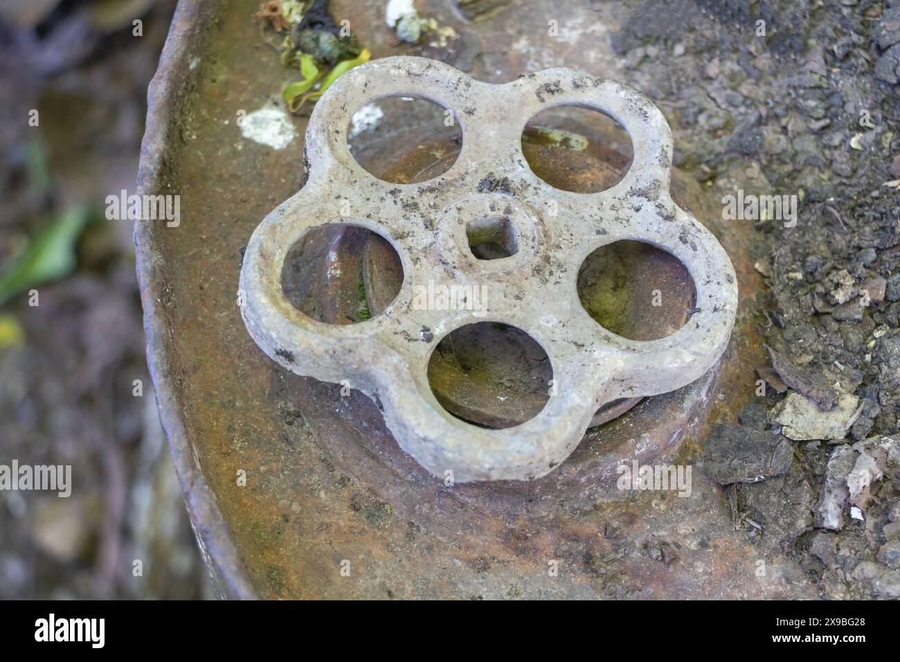 Ein Foto eines alten, verwitterten Metallrohrs mit sechs kreisförmigen Löchern in der Mitte, die Blumen oder Blütenblättern ähneln Stockfoto