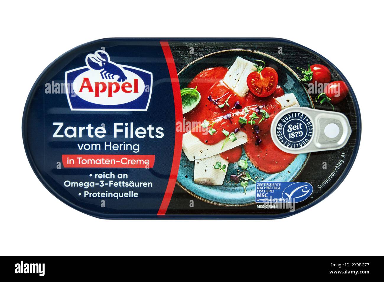 Appelfilets vom Hering in Tomaten-Creme Stockfoto