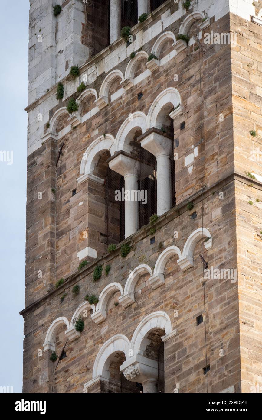 Ein Blick aus nächster Nähe auf den wunderschönen Glockenturm des Duomo di San Martino in der historischen mittelalterlichen Stadt Lucca in der Toskana. Stockfoto