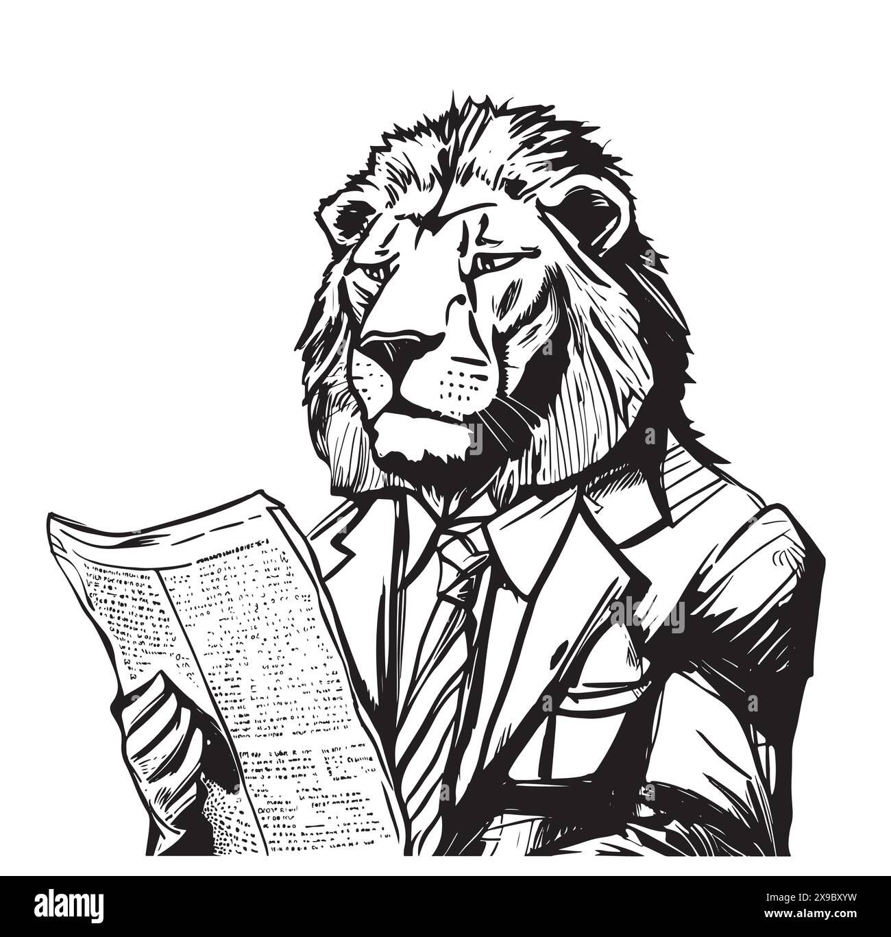 Löwe im Anzug liest Zeitung Sketch Illustration Stock Vektor