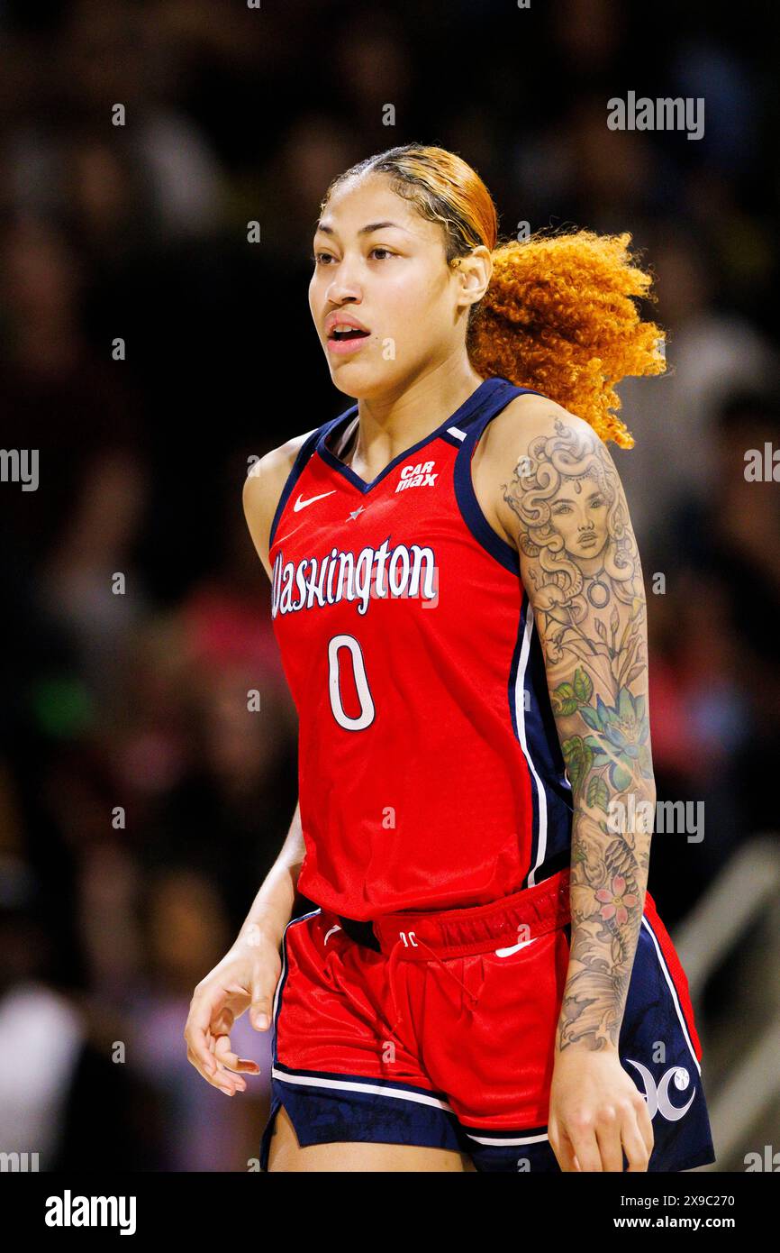 Washington Mystics center Shakira Austin (0) during a WNBA basketball game against the Los Angeles Sparks, Tuesday, May 21, 2024 in Long Beach, Calif. (Ric Tapia via AP) Stockfoto