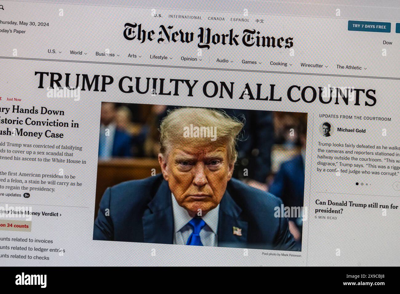 Sofortige Online-Reaktion auf die New York Times (USA), als der ehemalige Präsident Trump für schuldig befunden und 34 Straftaten verurteilt wird, am 30. Mai 2024. Stockfoto
