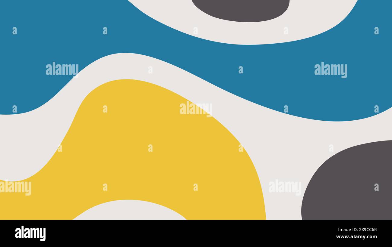 Abstraktes Retro-Design mit gelben, blauen und grauen welligen Streifen auf beigefarbenem Hintergrund. Einfache künstlerische Kulisse Stock Vektor