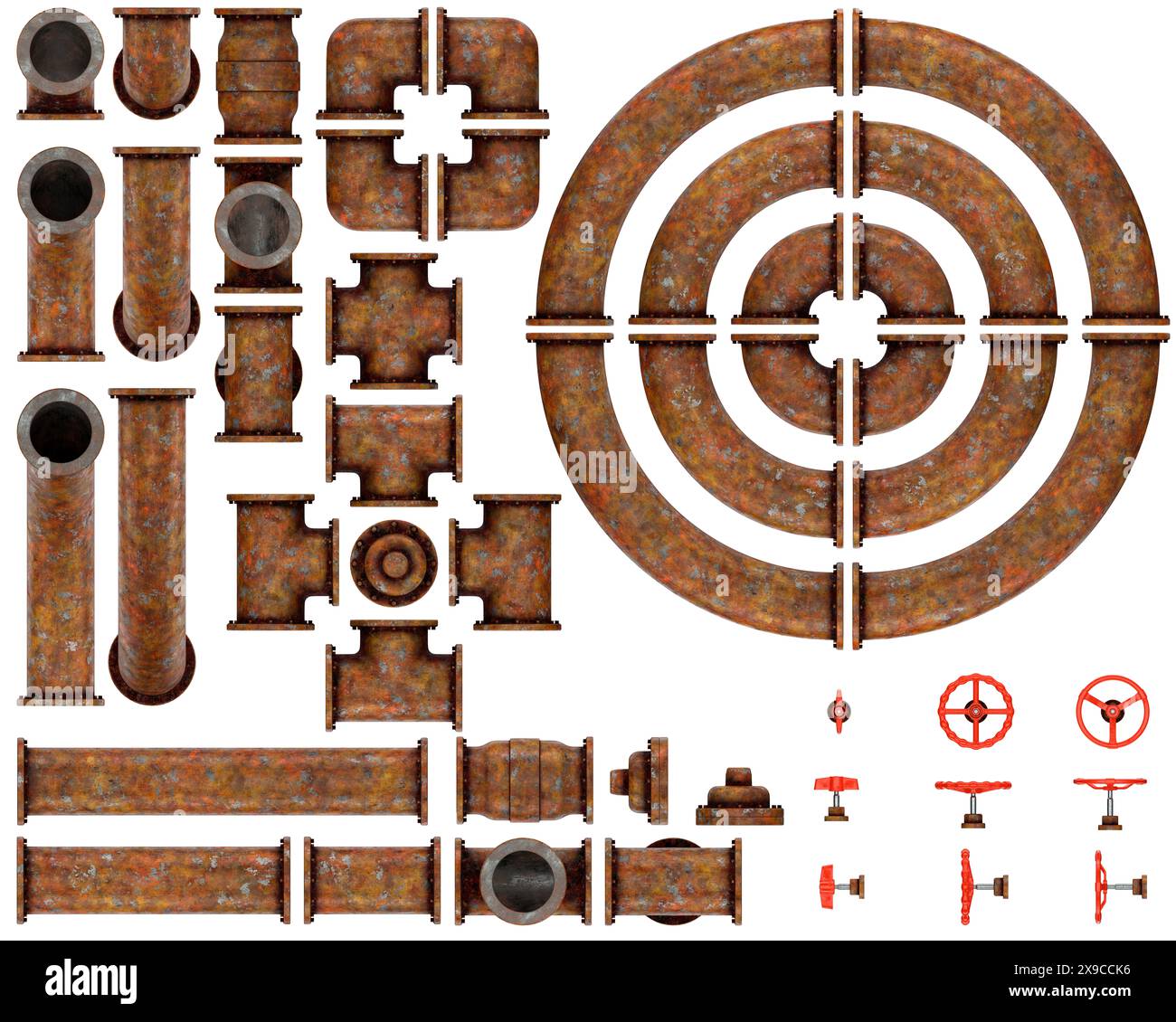 3D-Darstellung eines Rohrsatzes. Asset-Pack für Spiele. Viele Varianten. Draufsicht. Abgenutzt und rostig. Stockfoto