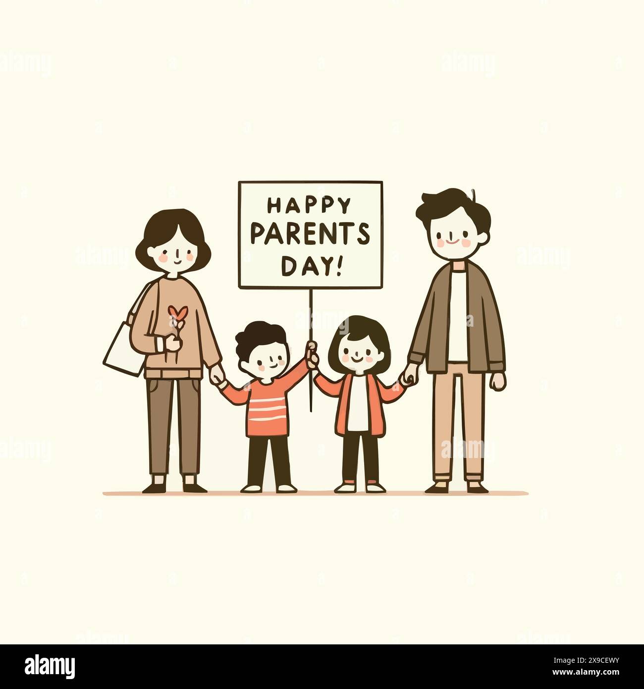 Der Text zum Elterntag wird über einer glücklichen Familie angezeigt, die Hände hält und in dezenten Farben nebeneinander steht. Stock Vektor
