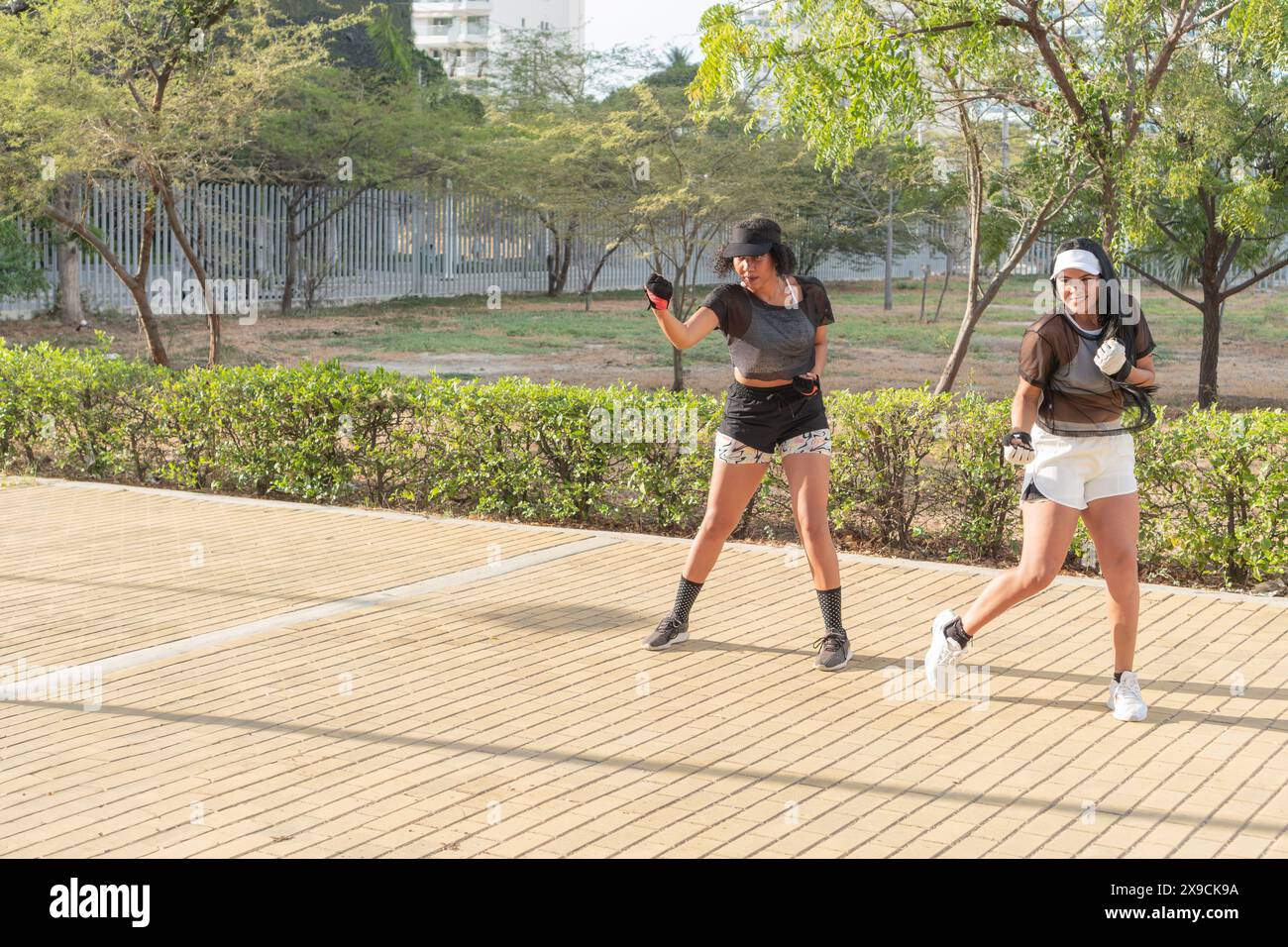 Zwei Frauen in sportlicher Kleidung trainieren gemeinsam in einem Stadtpark und nehmen an einem sonnigen Tag an einem dynamischen Outdoor-Workout Teil. Stockfoto
