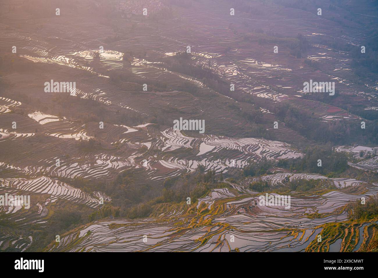 Yuanyang Reisterrassen ist eines der UNESCO-Weltkulturerbestätten, Yunnan, China. Die malerische Gegend von Bada Reisterrassen ist der Aussichtspunkt bei Sonnenuntergang aus nächster Nähe Stockfoto