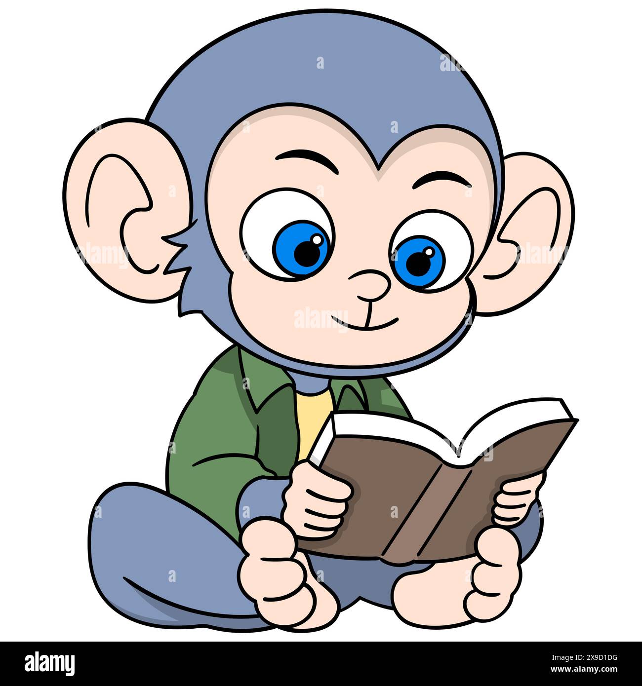 Pädagogisches Zeichentrickchen, männlicher Affe sitzt allein und liest ein Buch über wirtschaftliche Stabilität Stock Vektor