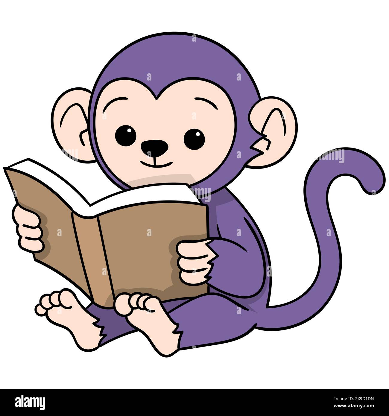 Pädagogische Zeichentrickkritzel, männliches Affenkind sitzt mit einem Buch und lernt lesen Stock Vektor