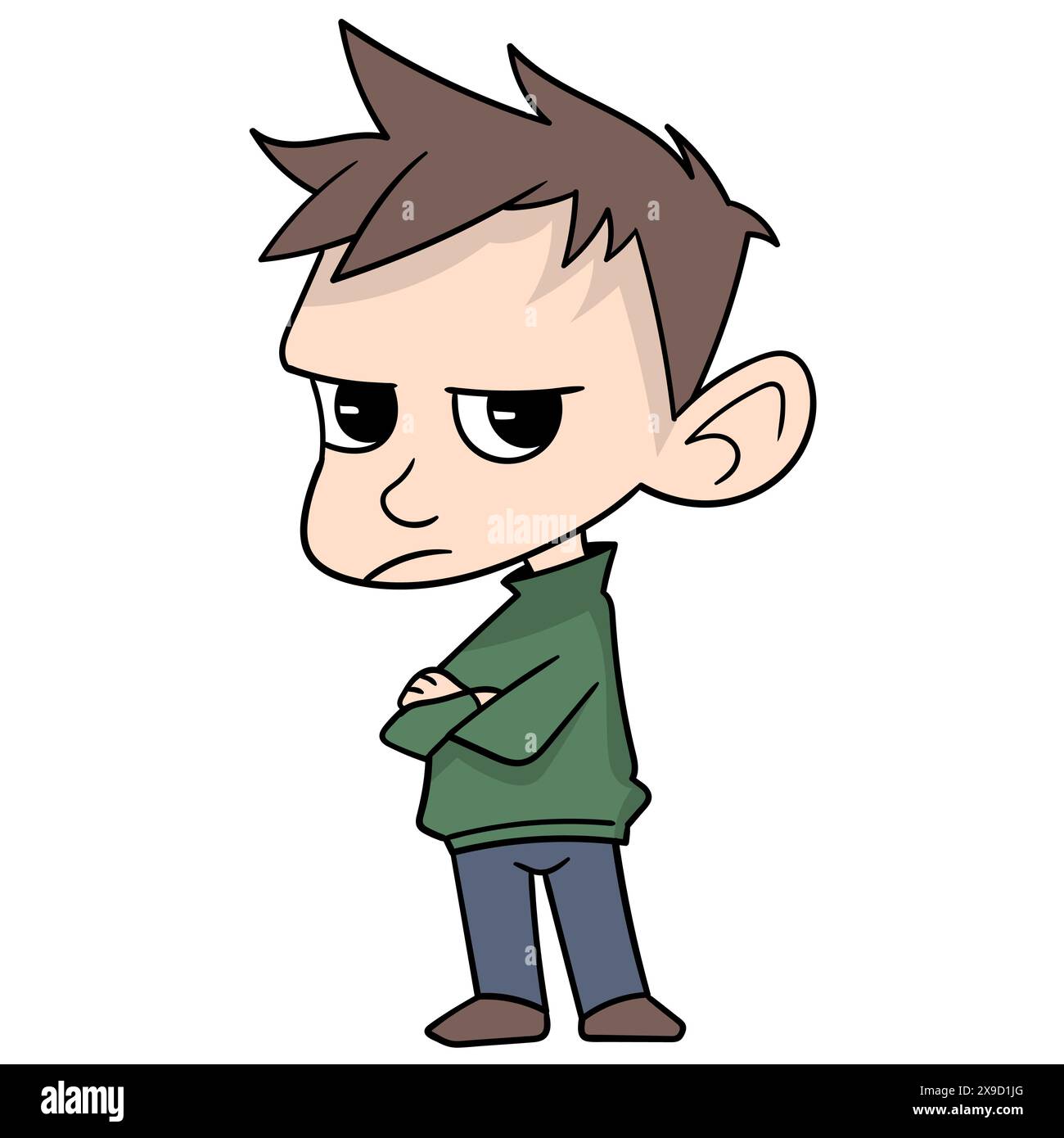 Cartoon-Kritzelei von den Aktivitäten der Menschen, Junge, der mit gefalteten Armen steht und unschuldig aussieht Stock Vektor