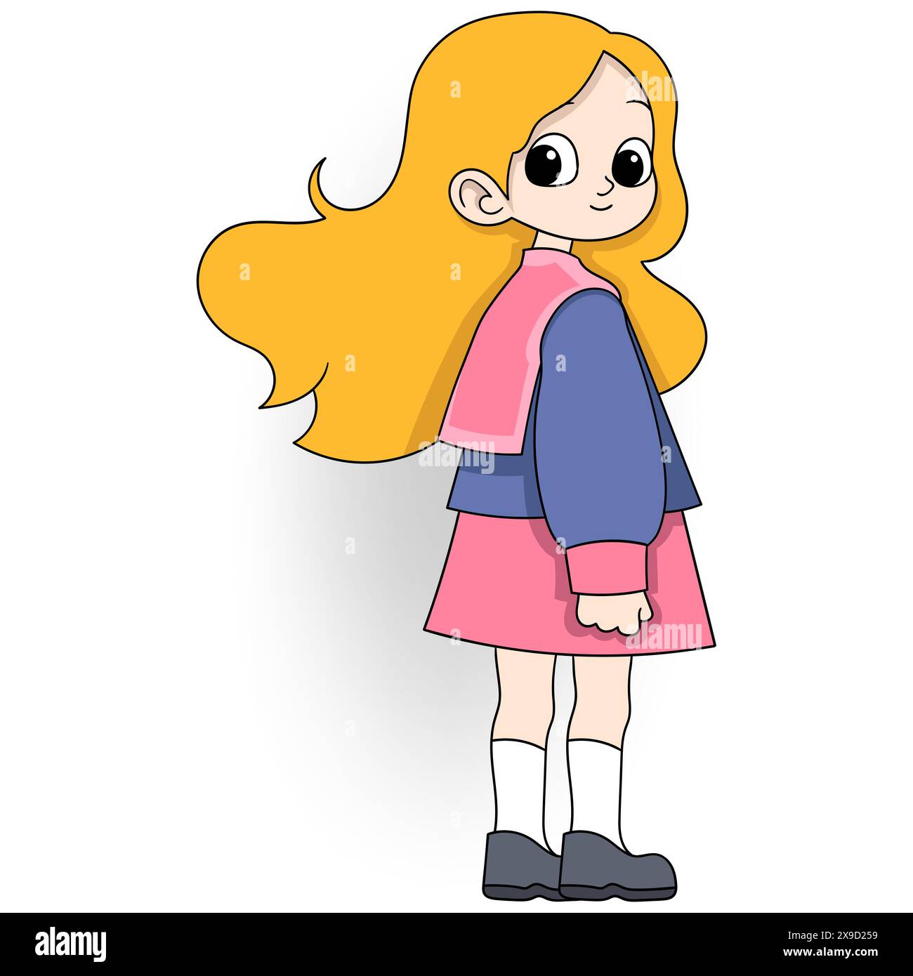 Cartoon-Kritzelei von Völkeraktivitäten, blondes Mädchen, das Schuluniform trägt, geht Stock Vektor