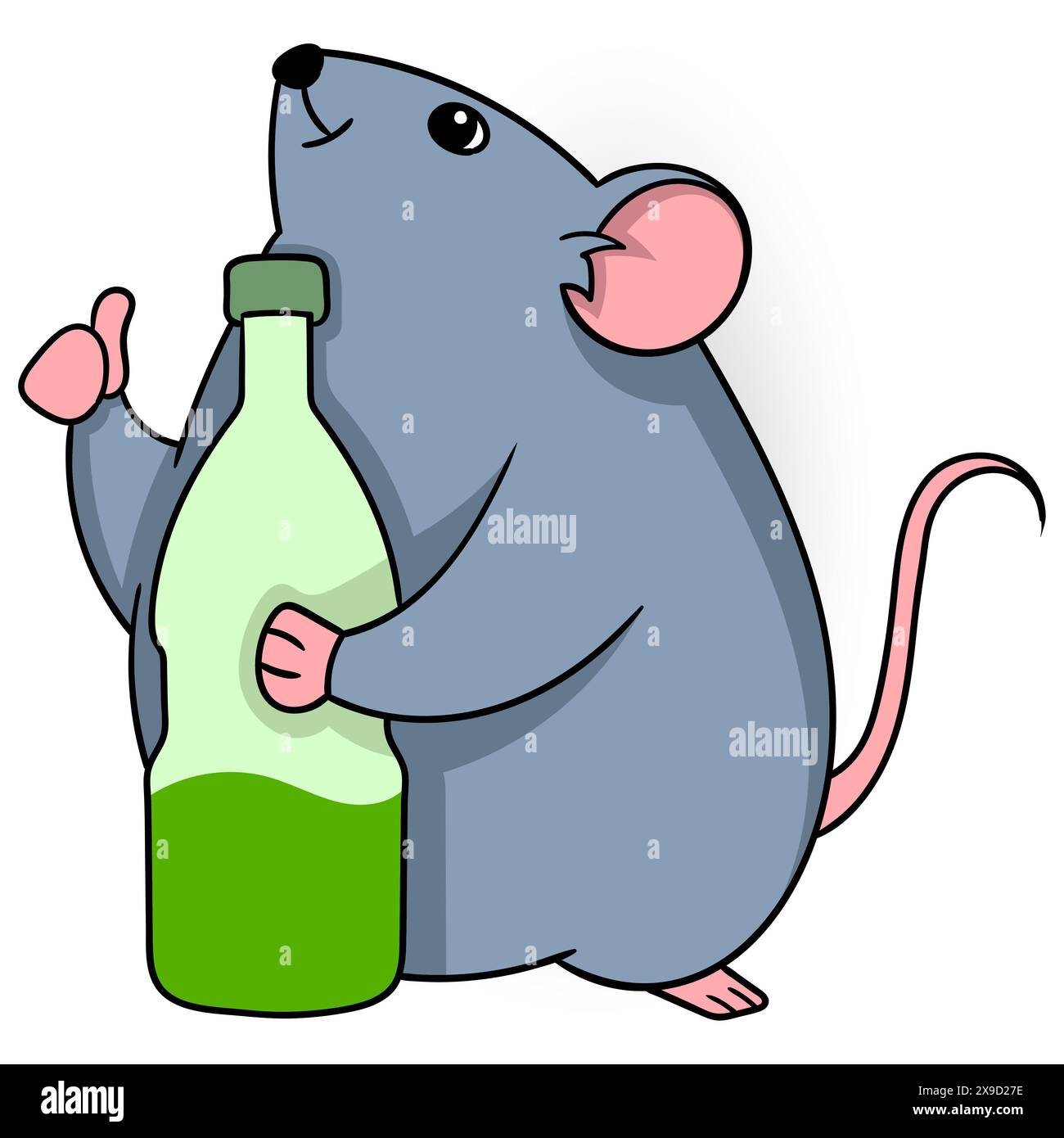 Cartoon-Kritzelei von Tieraktivitäten, glückliche fette Maus, die Limonade aus einer Flasche trinkt Stock Vektor