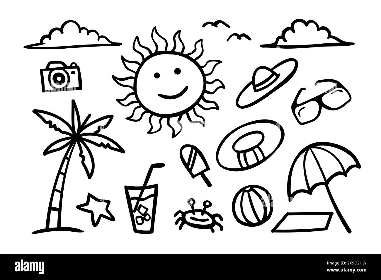 Handgezeichneter Strand und Sommermotiv mit lächelnder Sonne, Kamera, Palme, Hut, Ball, Tasse und Regenschirm Stock Vektor