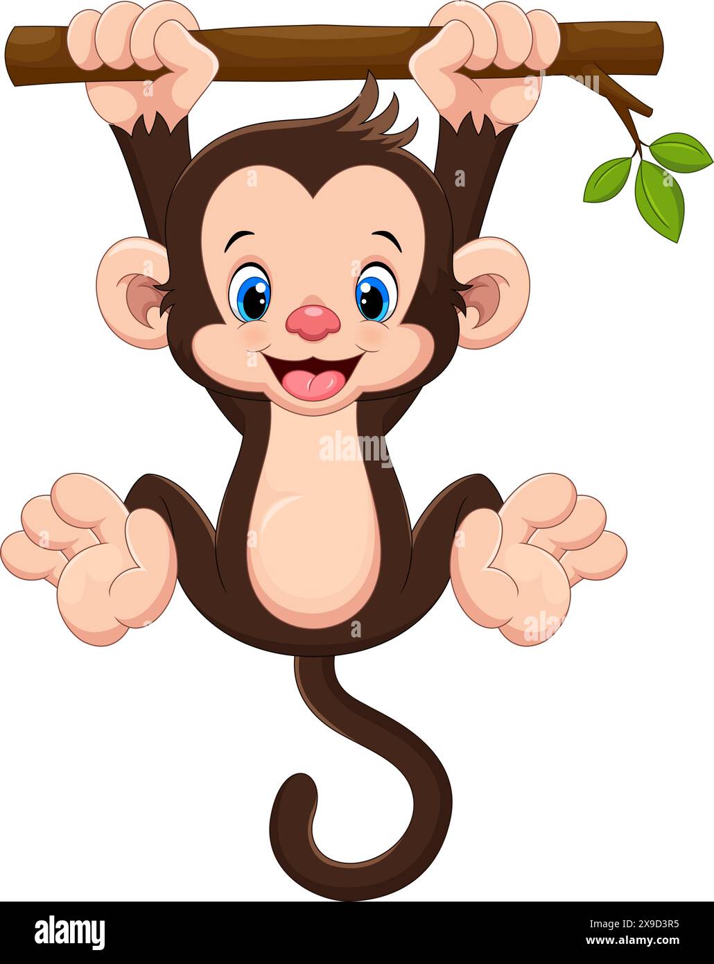 Cartoon netter Affe, der an Baumzweig Vektor-Illustration auf weißem Hintergrund hängt Stock Vektor