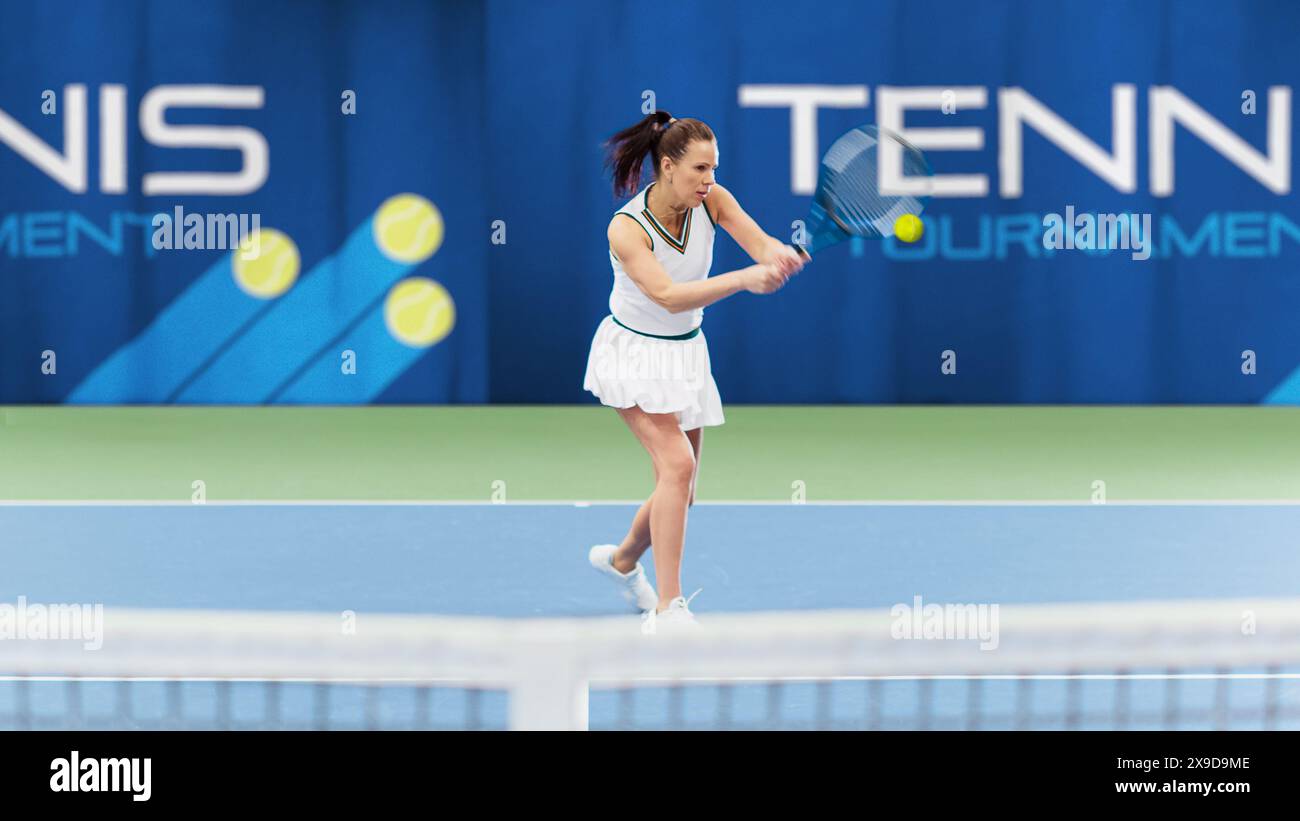 Tennisspielerin, die während des Meisterschaftsspiels den Ball mit einem Racquet trifft. Technische Frau Athlete erhält und landet perfekten Rückhandschuss. Live World Sports Tournament Konzept. Stockfoto