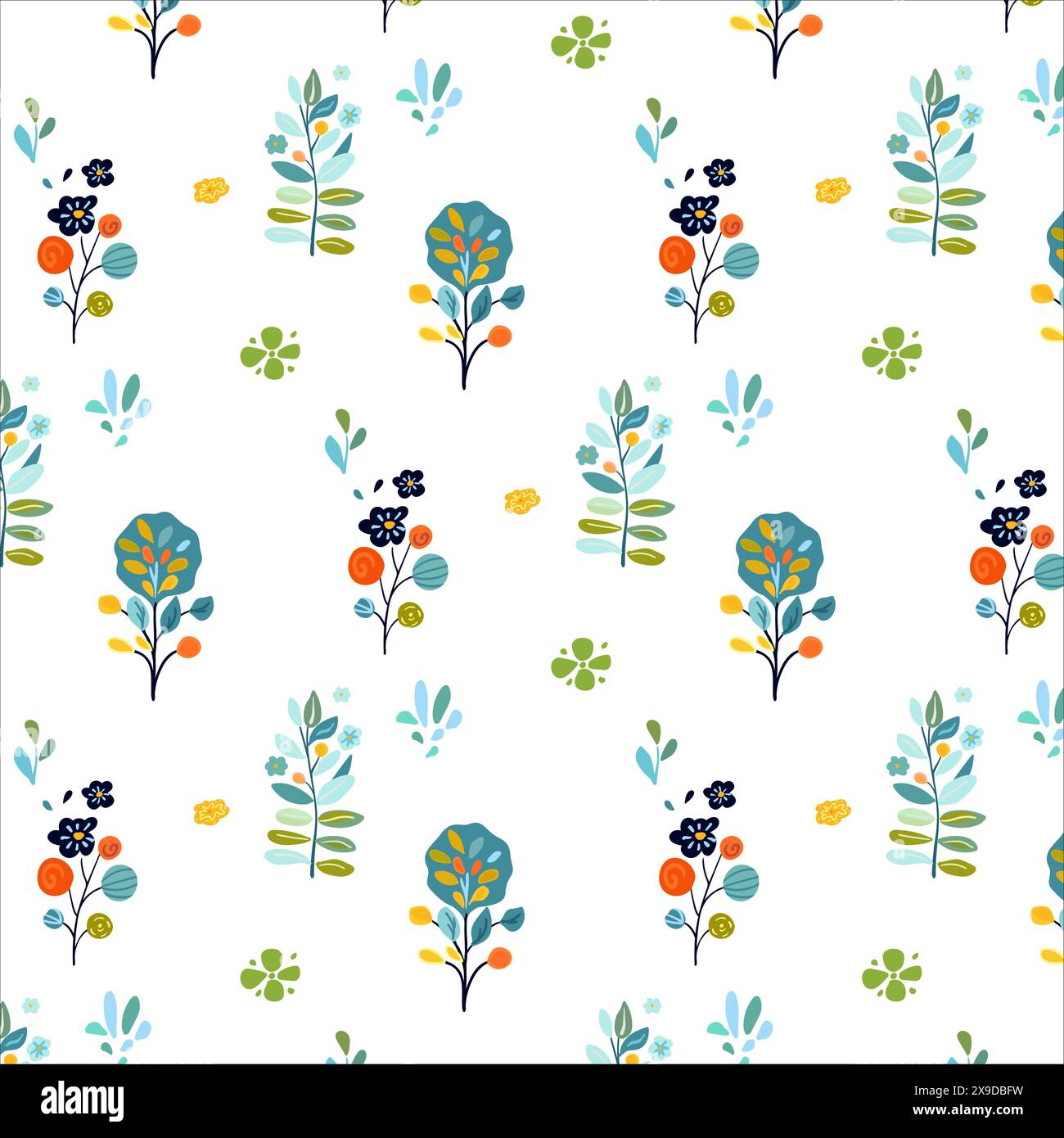 Bezauberndes, nahtloses Muster mit bezaubernden Pflanzen und Blumen in hellen, lebendigen Farben. Ideal für Frühlingsdesigns, Textilien und Tapeten. Fängt eine frische und verspielte Atmosphäre mit Einflüssen der Volkskunst und Waldblumen ein... Stock Vektor