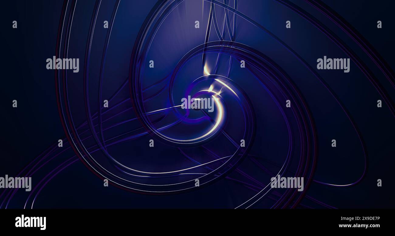 Eine Spirale aus blauen Drähten mit einer Metallkugel in der Mitte. Abstrakter Hintergrund im futuristischen und mystischen Stil Stockfoto