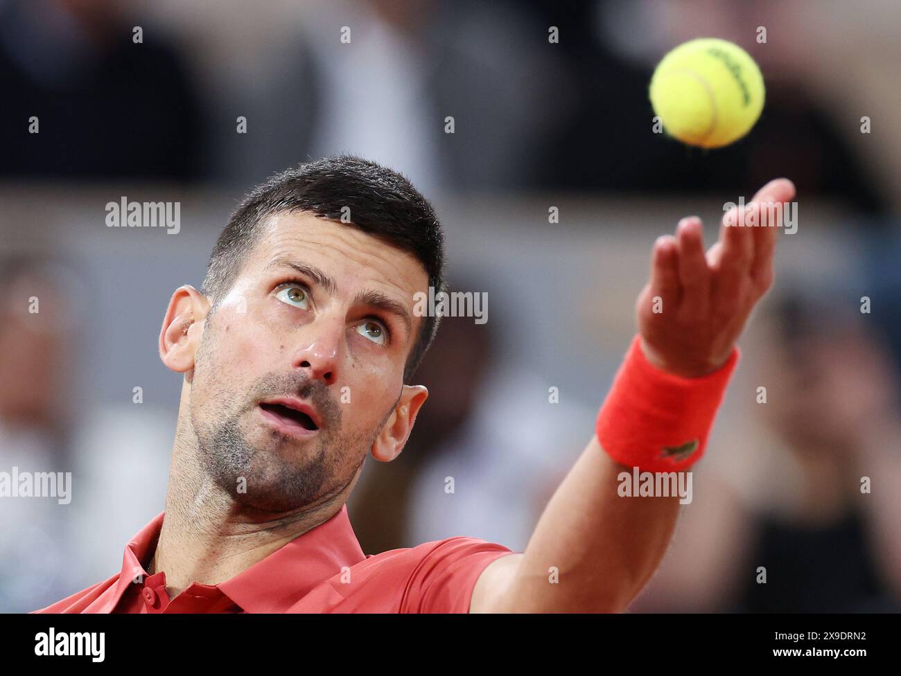 Paris, Frankreich. 30. Mai 2024. Novak Djokovic aus Serbien dient den Ball während der zweiten Runde der Männer im Einzelspiel zwischen Novak Djokovic aus Serbien und Roberto Carballes Baena aus Spanien beim französischen Tennisturnier Roland Garros in Paris am 30. Mai 2024. Quelle: Gao Jing/Xinhua/Alamy Live News Stockfoto