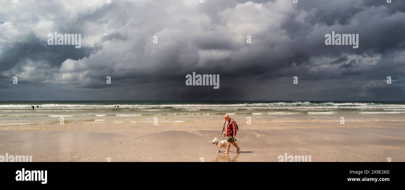 Ein Panoramabild eines Hundewanderers und seines Haustiers English Bull Terrier, der entlang des Fistral Beach spaziert, während sich dunkle, brütende Regenwolken der Küste Newqs nähern Stockfoto
