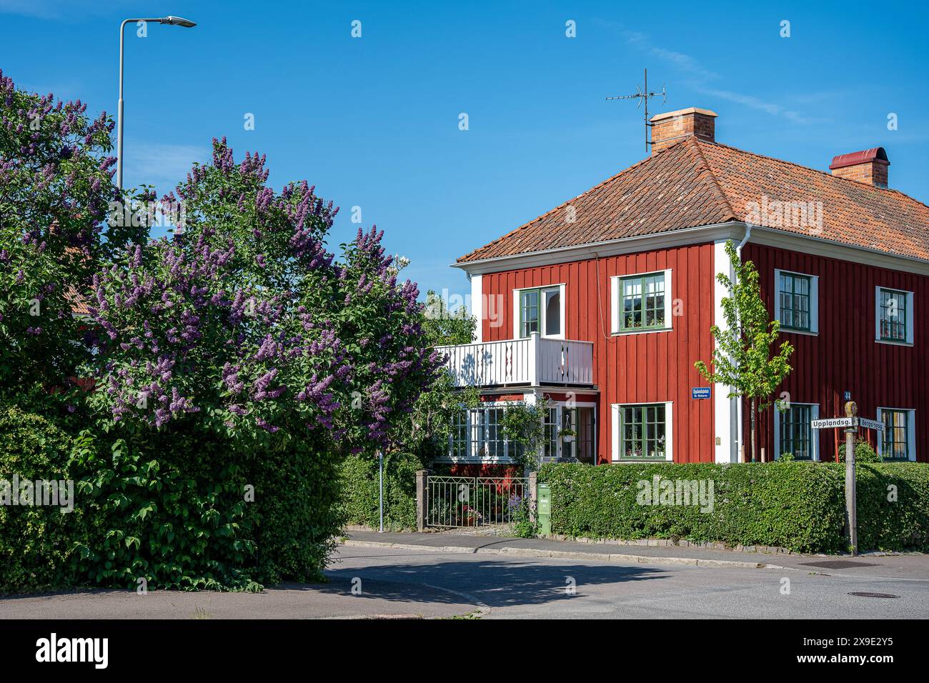 Blühende Gärten und alte Wohnhäuser in der Roten Stadt Norrköping im Spätherbst oder Frühsommer in Schweden. Red Town stammt aus dem Jahr 1918 Stockfoto