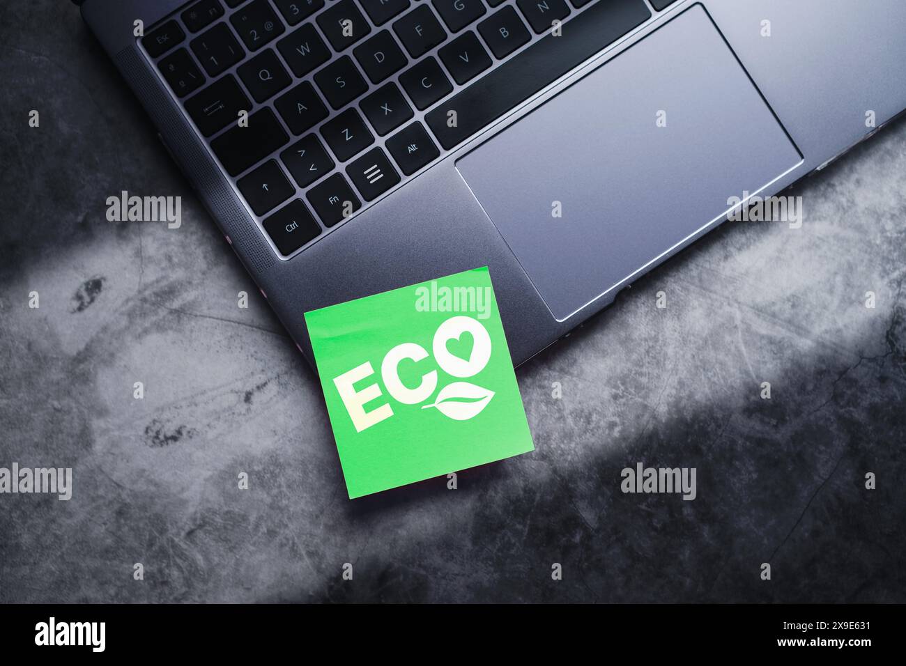 Flaches Foto mit grünem Haftnotiz auf Laptop mit ECO Life-Text. Rettet den Planeten. Energieeffizienzkonzept. Stockfoto
