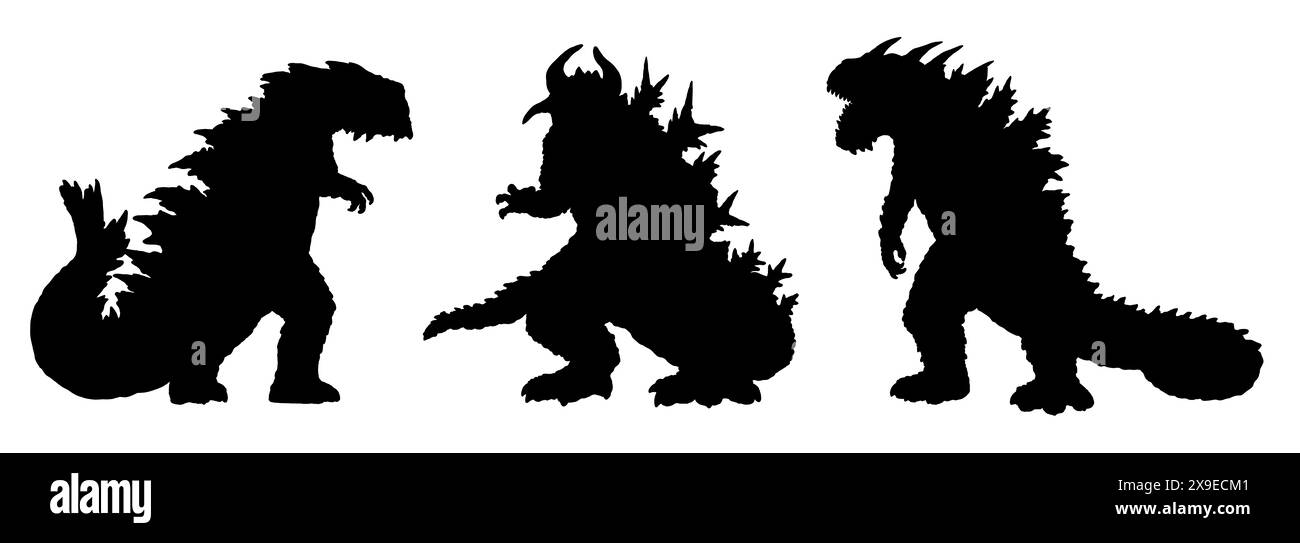 Schwarze Silhouette eines riesigen Dinosaurier-ähnlichen Monsters. Kaiju-Konturzeichnung. Stockfoto