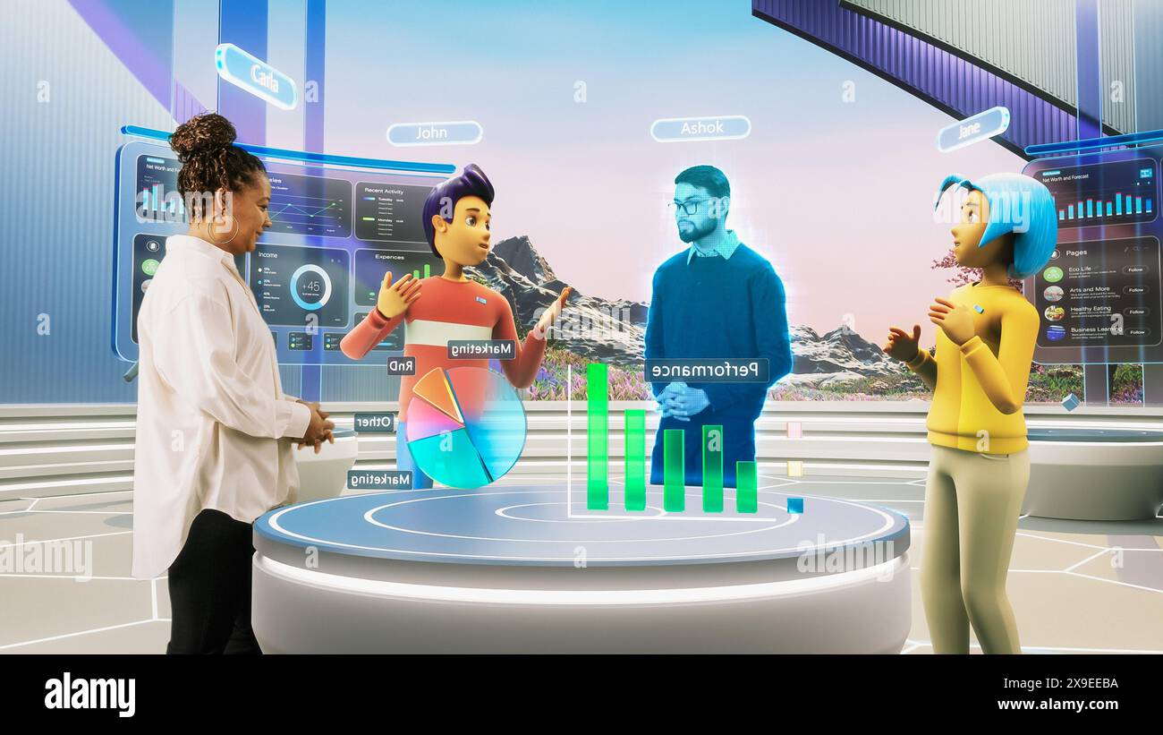 Online-Business-Meeting in Virtual Reality Office. Echte weibliche Managerin steht neben zwei Avataren von Kollegen und einem Hologramm eines anderen Spezialisten. Futuristisches 3D-Meta-Universum-Konzept. Stockfoto
