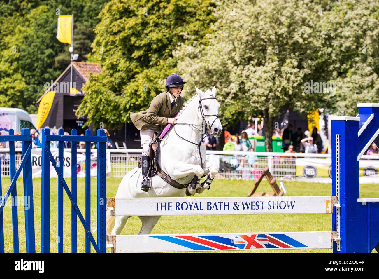 SHEPTON MALLET, SOMERSET, UK, 31. Mai 2024 Action vom Mounted Team Relay Show Jumping Event bei der Royal Bath and West Show. John Rose/Alamy Live News Stockfoto