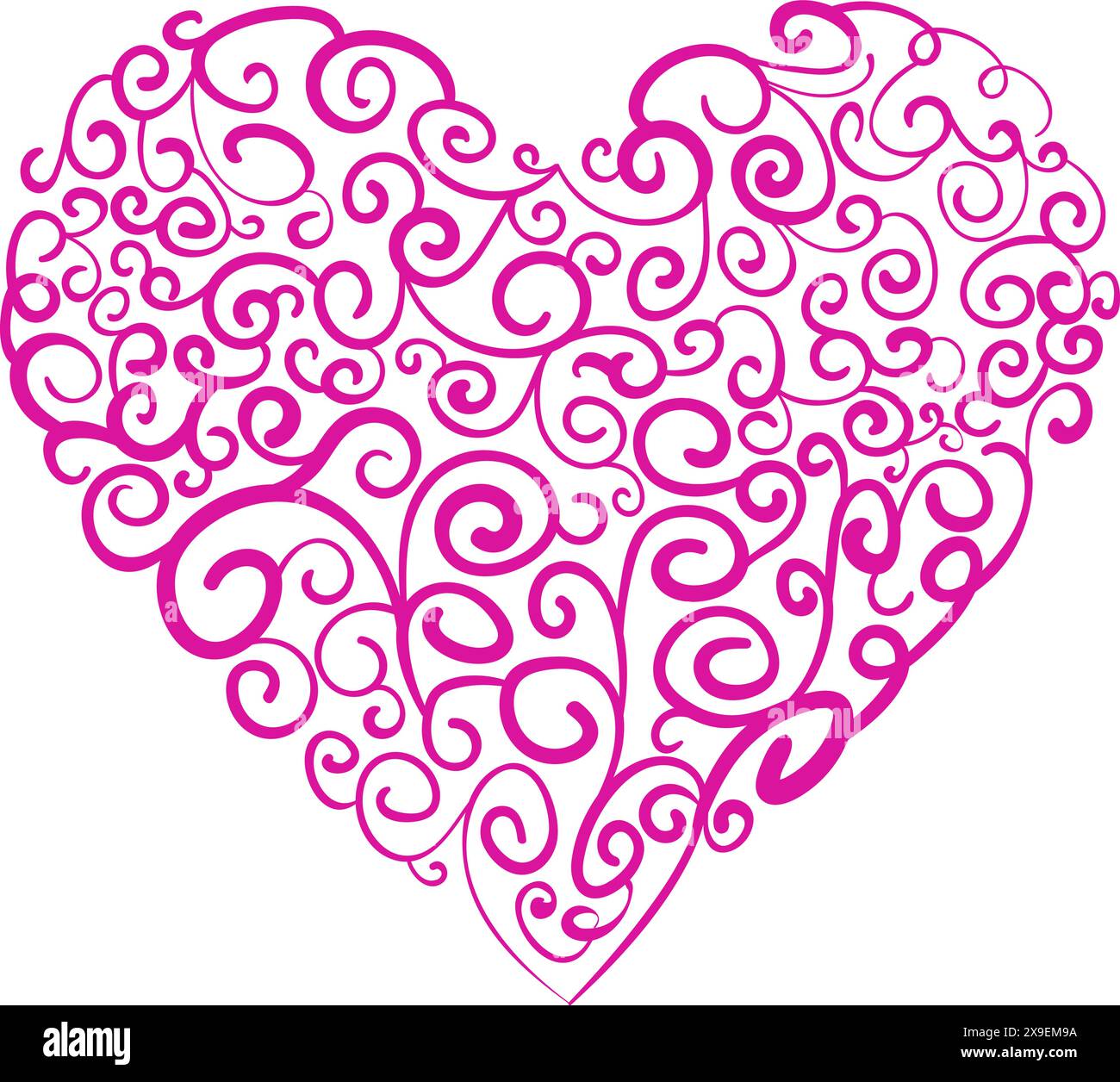 Valentinstag-Grußkarte mit Volkskunst isolierte Illustration rosa Herz und Spiralmuster Zeichnung in Handschrift Stil Stock Vektor