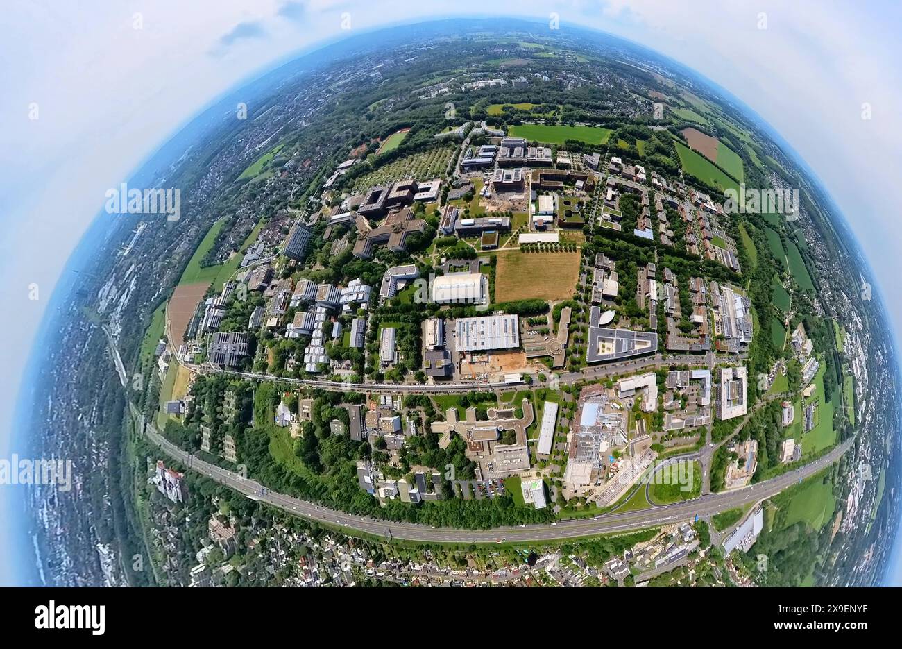 Luftbild, Technische Universität Dortmund Campus Nord, Technologiezentrum Dortmund Emil-Figge-Straße, Wissenschaftscampus und Technologiecampus, Autobahn A40, Erdkugel, Fischaugen Aufnahme, Fischaugen Aufnahme, 360 Grad Aufnahme, Tiny World, Little Planet, Fisheye Bild, Eichlinghofen, Dortmund, Ruhrgebiet, Nordrhein-Westfalen, Deutschland ACHTUNGxMINDESTHONORARx60xEURO *** Luftaufnahme, Technische Universität Dortmund Campus Nord, Technology Center Dortmund Emil Figge Straße, Science Campus und Technology Campus, Autobahn A40, Erdkugel, Fischaugenbild, Fischaugenbild, 360-Grad-Bild, winzige Welt, Stockfoto