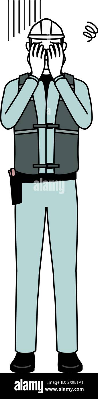 Senior männlicher Ingenieur in Helm und Arbeitskleidung, die sein Gesicht in Depressionen bedeckt, Vektor-Illustration Stock Vektor