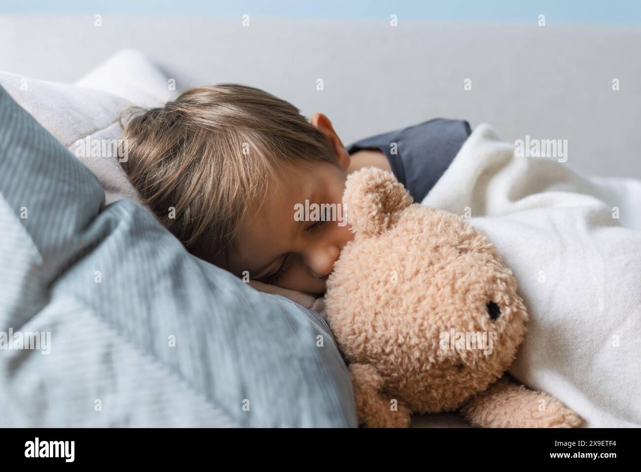 Der Vorschuljunge schläft auf dem Sofa im Wohnzimmer und umarmt seinen Teddybär. Stockfoto