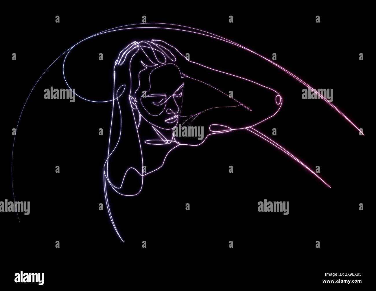 Frau, die ein Spa-Bad nimmt, gezeichnet von leuchtendem Neon, durchgehend eine Linie. Konzept der Schönheitsbehandlungen, Selbstpflege, Sinnesentzug Stockfoto