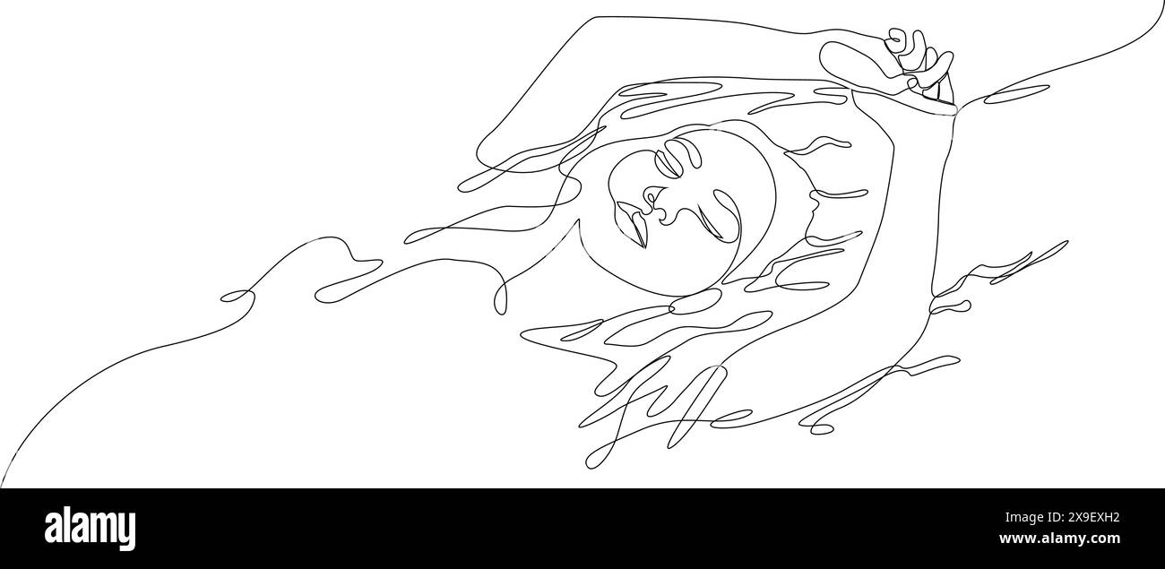 Frau schwimmt im Wasser, nimmt ein Spa-Bad durchgehend eine Linie. Konzept der Schönheitsbehandlungen, Selbstpflege, Sinnesentzug. Vektorillustratio Stock Vektor