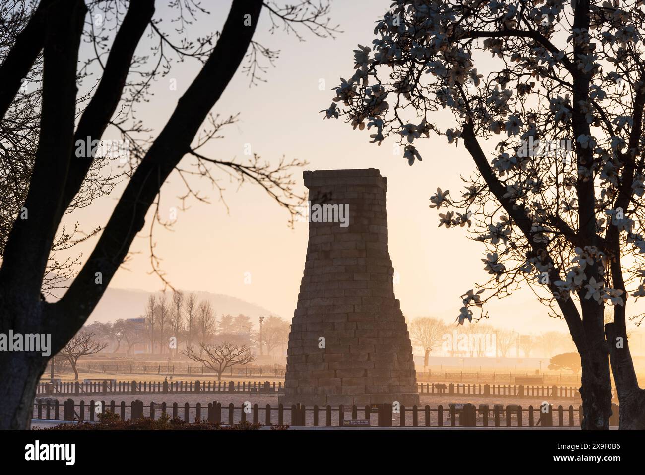 Cheomseongdae Observatorium (UNESCO-Weltkulturerbe) bei Sonnenaufgang, Gyeongju, Südkorea Stockfoto
