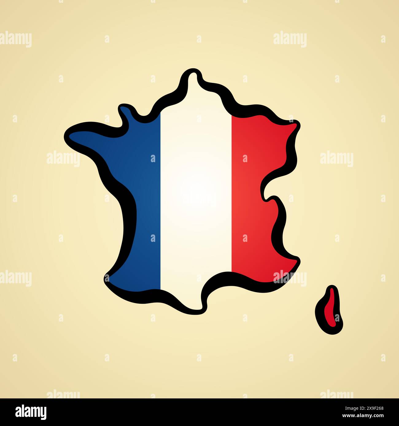 Karte von Frankreich mit Flagge und schwarzer Umrandung. Stock Vektor