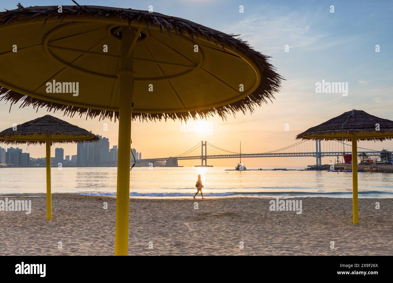 Gwangalli Beach und Gwangan Bridge bei Sonnenaufgang, Busan, Südkorea Stockfoto