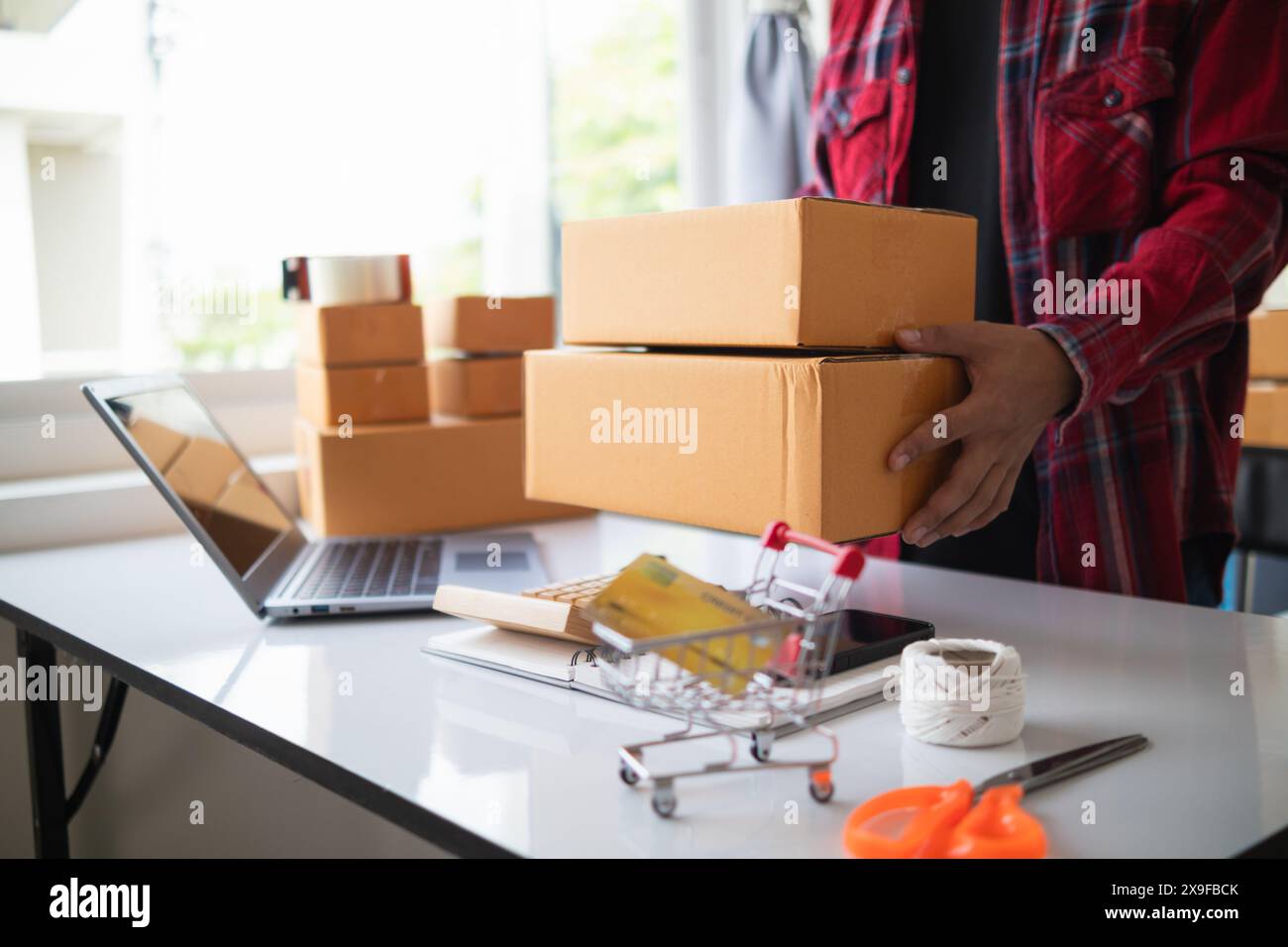 KMU-Unternehmer bereiten Pakete vor und überprüfen Kundendaten liefern Produkte gemäß Bestellungen. Konzepte für Online-Verkauf und Online-Markenzeichen Stockfoto