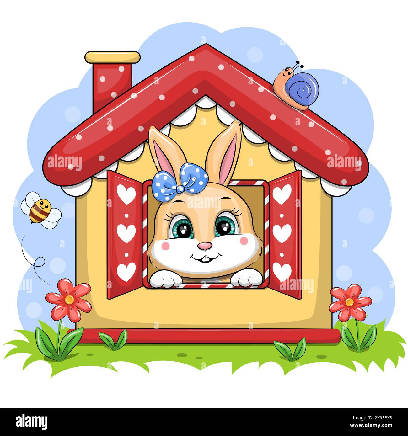 Niedlicher Karikaturhase in einem gelben Haus mit rotem Dach. Vektorillustration auf blauem Hintergrund. Stock Vektor
