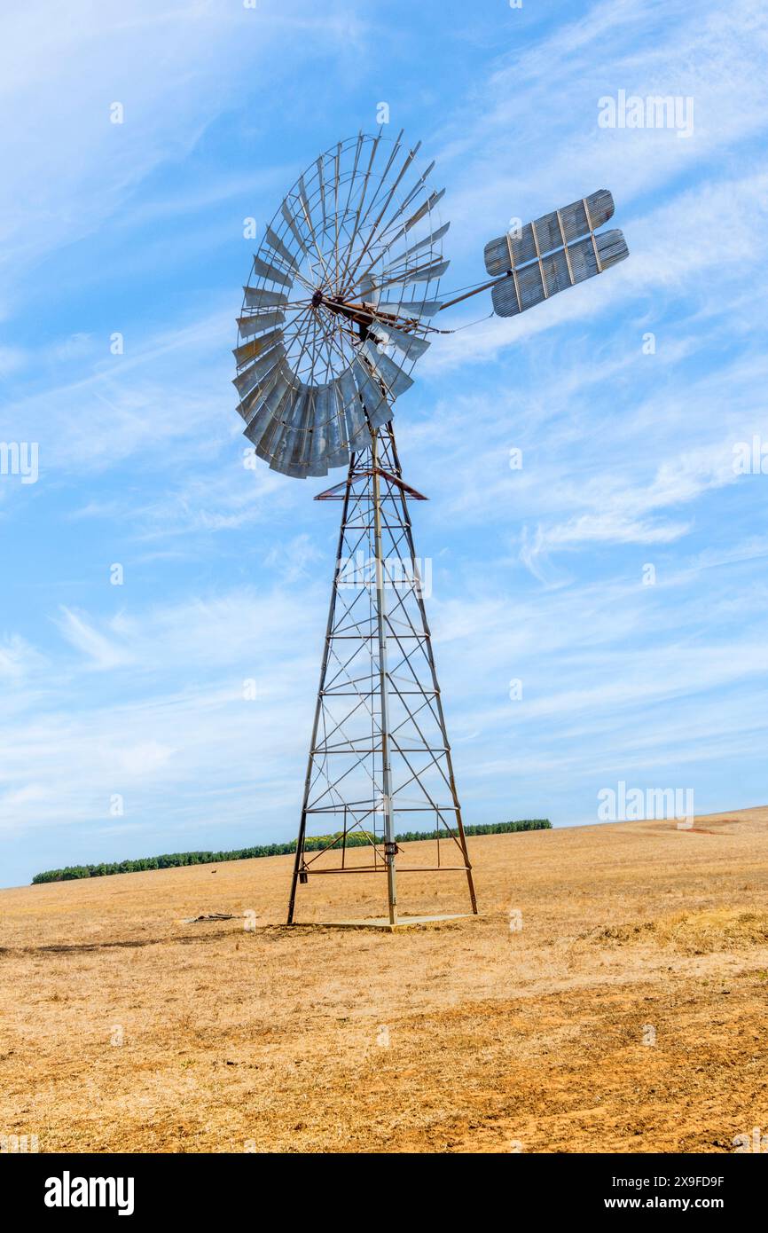 Altmodische traditionelle Metallwindmühle in einer abgelegenen Prärielandschaft, Western Australia, Australien Stockfoto