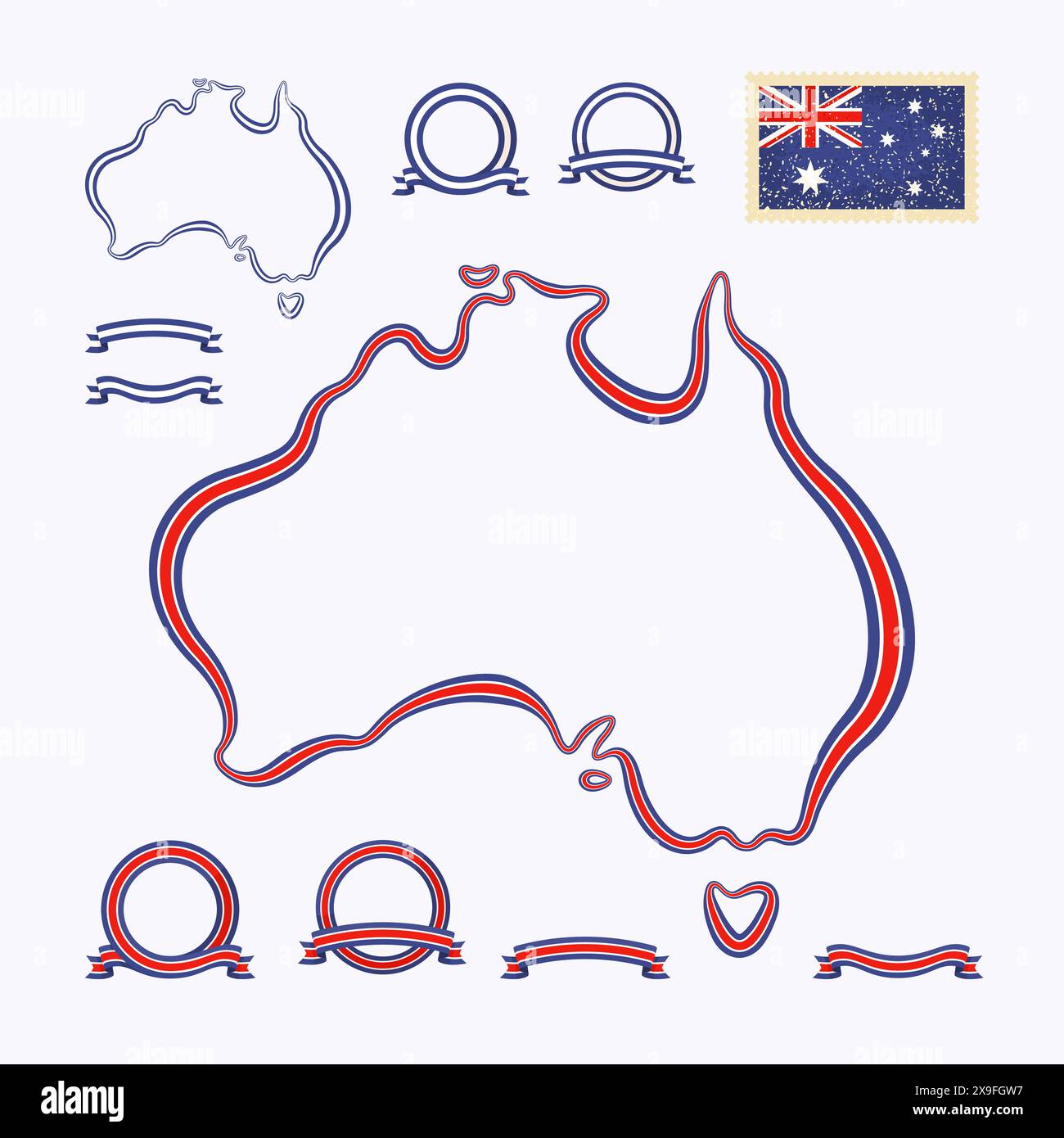 Umrisskarte von Australien. Der Rand ist mit einem Farbband in den nationalen Farben gekennzeichnet. Das Paket enthält einen Stempel mit Flag und Rahmen. Die Datei wird erstellt Stock Vektor