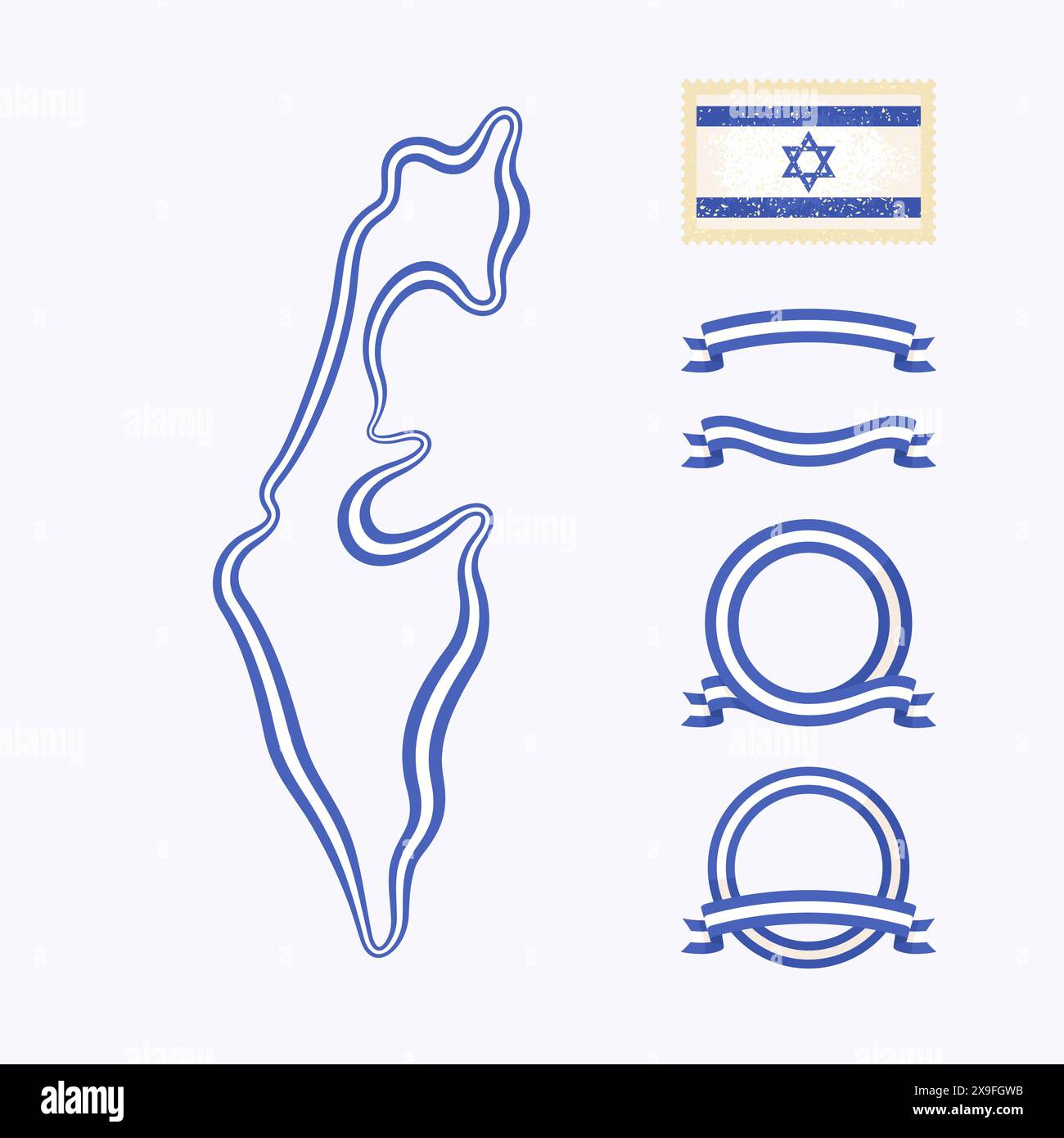 Umrisskarte von Israel. Der Rand ist mit einem Farbband in nationalen Farben gekennzeichnet. Das Paket enthält Rahmen in nationalen Farben und Stempel mit Flagge. Stock Vektor