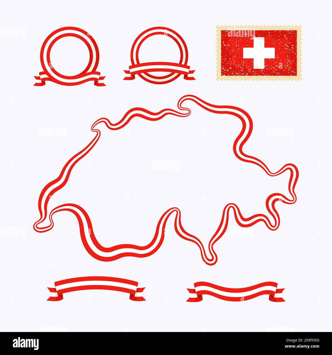 Umrisskarte der Schweiz. Der Rand ist mit einem Farbband in den nationalen Farben gekennzeichnet. Das Paket enthält einen Stempel mit Flag und Rahmen. Die Datei wird erstellt Stock Vektor