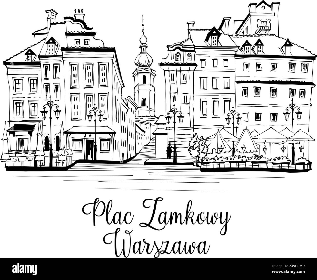Vektorskizze von Schlossplatz, Inschrift auf Polnisch, in der Warschauer Altstadt, Polen. Stock Vektor