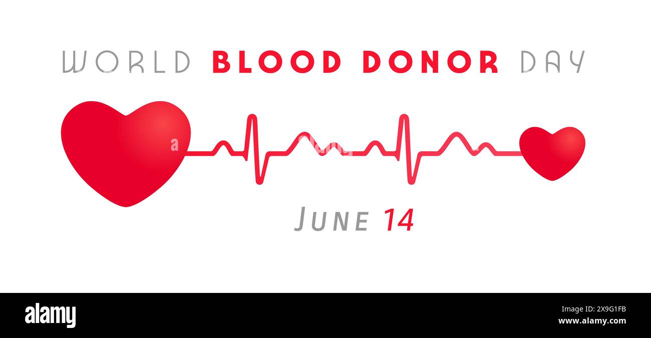 Weltblutspender-Tag-Werbebanner. Horizontales Poster. Niedliche rote Herzform und Herzschlag-Zeitplan. Realistische Pulslinie. Wohltätigkeitssymbol. Stock Vektor