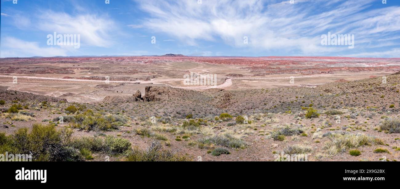 Panoramablick auf die Painted Desert einschließlich Pilot Rock aus dem Petrified Forest National Park, Arizona, USA am 17. April 2024 Stockfoto